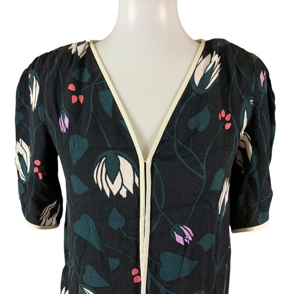 Kate Spade Deco Bloom Crepe Blouse Black Floral Print V Neck Elegant XS - Picture 3 of 6